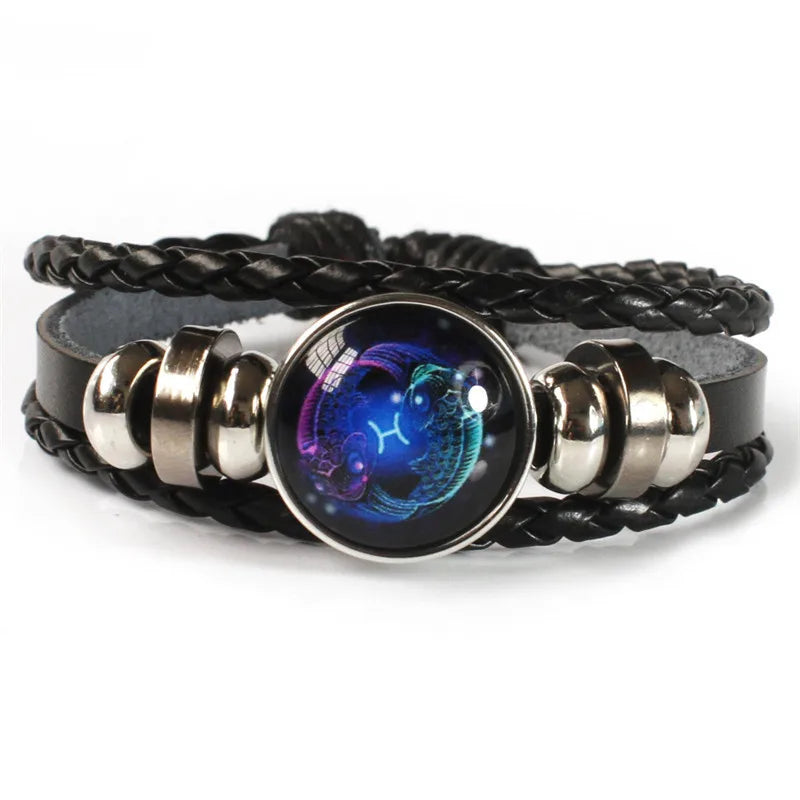 Zodiac Glow Constellation Bracelet - Luminous Multilayer Leather Bangle for Astrology Enthusiasts