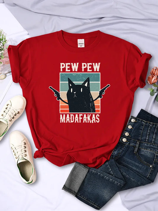 Pew Pew Madafaks Cat Tee - Women's Hip-Hop Vintage Inspired T-Shirt