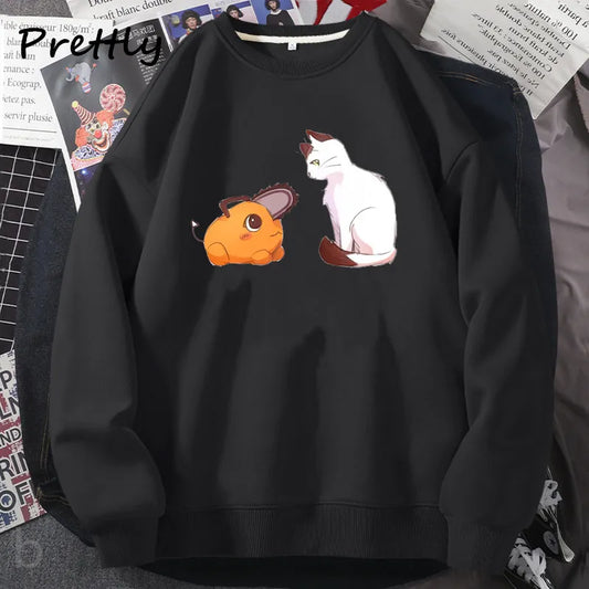 Pochita and Meowy Sweatshirts Funny Chainsaw Man Graphic Hoodie Harajuku Pullover Anime Crewnecks Sweatshirt Clothing Tops