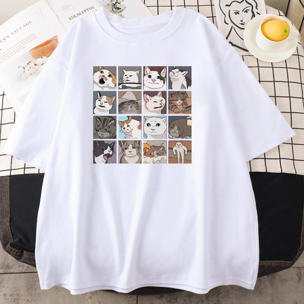 Funny Meme Cats Graphic Men's T-Shirt - Casual Cotton Short-Sleeve Tee for Beach and Streetwear