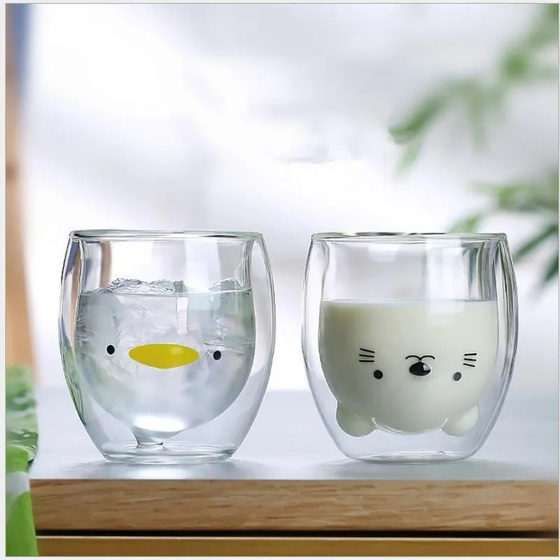 Charming Whimsy Double-Walled Animal Glass Mugs - Cute Bear, Cat, Duck, and Dog Designs