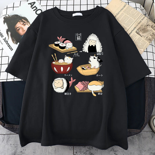 Harajuku Sushi Cat T-Shirt - Cotton Short Sleeve Fashion Tee for Ladies & Gents