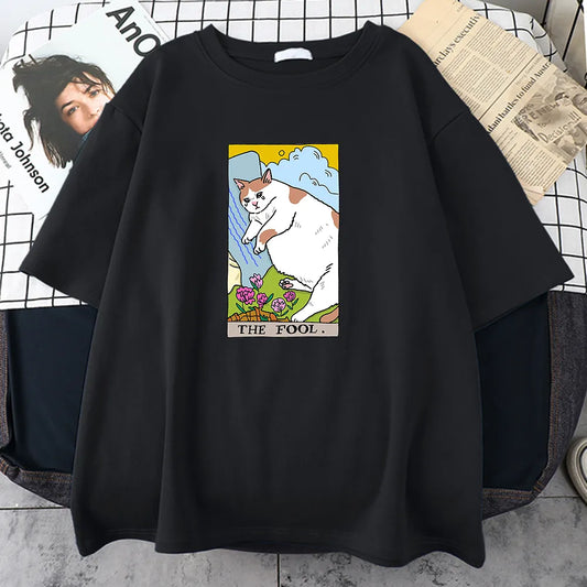 Sad Cat Meme 'The Fool' Tee – Vintage-Inspired Oversized Men's Cotton T-Shirt