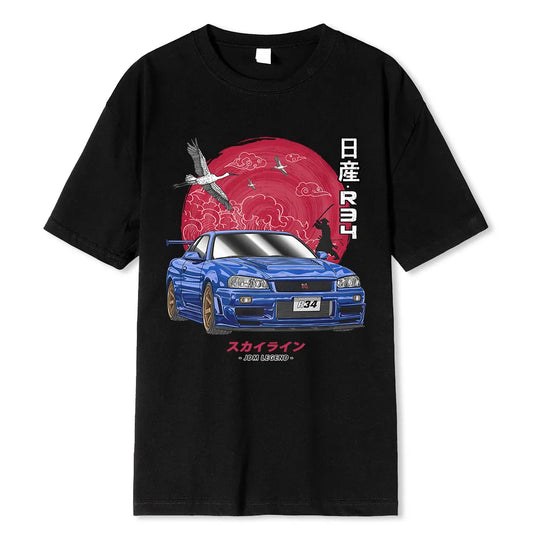 Camiseta de algodón con inicial DT para hombre y mujer, camiseta de gran tamaño estética Harajuku, camiseta divertida JDM LEGEND Car, camiseta Nissan Skyline R34