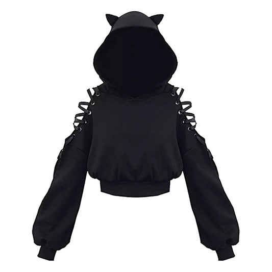 Kawaii Cat Ears Bandage Hoodie - Gothic Punk Harajuku Black Sweatshirt with Unique Cold Shoulder Design